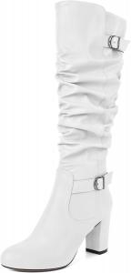 Женские высокие сапоги Zamikoo на толстом каблуке, с расслабленным верхом, до колена, округлый носок, металлическая пряжка, боковая молния, высокий каблук 3,5 дюйма, Matte White