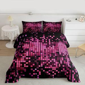 Erosebridal Комплект постельного белья в розово-черной пиксельной расцветке с абстрактным геометрическим узором для детской комнаты, Pink and Black