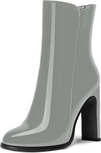 Женские офисные ботинки ROSERWISH на молнии, с классическим округлым носком, лакированной отделкой, высокими блочными каблуками и средним голенищем, 4 дюйма