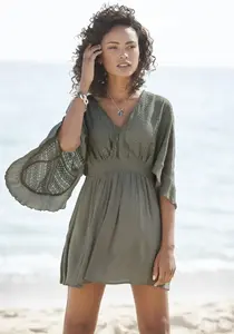 LASCANA платье-туника, широкие рукава, кружево, платье-блузка, пляжная одежда, хаки
