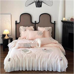 YUSIWOAL Комплект постельного белья свадебный с кружевной вышивкой и 3D цветами из египетского хлопка бежевого цвета Pink