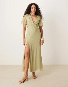 Платье миди ASOS DESIGN с рукавами-ангелами, запахом спереди и декоративными швами в цвете шалфейно-зеленый