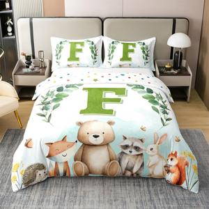 Erosebridal Комплект постельного белья из 100% хлопка с принтом лесных животных и инициалом F, Green F