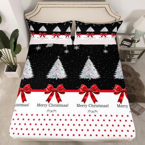 Erosebridal Комплект постельного белья с новогодним принтом в красно-белых тонах с бантами снежинками и звёздами, Christmas 10