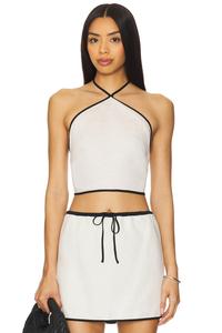 Короткий топ на завязках из воздушного льна Onia, egret & black