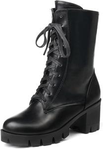 Женские ботильоны VOKLIN с кружевной шнуровкой, массивной платформой, средним каблуком, круглым носком и боковой молнией, Black-Velvet Lined