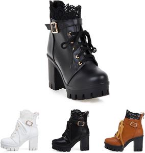 Женские викторианские кружевные готические ботинки на платформе с кружевом, массивным каблуком и пряжками, панк-ботильоны, косплей, на шнуровке и с молнией Generic, Black