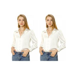 2 комплекта женских атласных рубашек на пуговицах с длинным рукавом и воротником-стойкой ALLEGRA K, белый