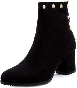 Женские ботильоны VOKLIN с массивным каблуком, замшевые, с круглым носком, на молнии, с украшением из жемчужин, короткие, Black-Velvet Lined