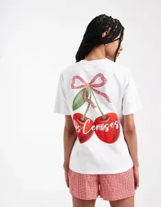 Пижамный комплект с потертыми рукавами, вишневым принтом и шортами-боксерами в красную клетку