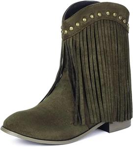 Женские ковбойские ботинки Joojaky с бахромой, низким каблуком и заклепками, Army Green