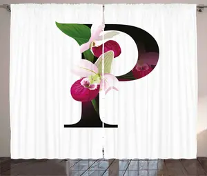 Штора ABAKUHAUS "Письмо P" в деревенском стиле, цветок венерин башмачок, присборенная штора для спальни с петлями и крючками, 280 x 245 см, цвет: пурпурный, черный, зеленый Abakuhaus