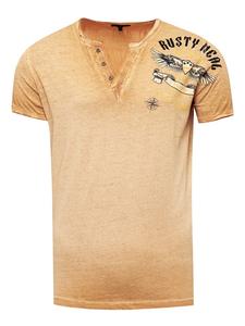Футболка с V-образным вырезом, стираная отделка, боковой принт верблюжьего цвета Rusty Neal