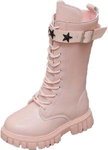 Ботинки для девочек 4-10,5T, боевые, кожаные, на шнуровке с боковой молнией, средние, верх до икры, всаднические, противоскользящие, панк-готические, в стиле рыцаря Generic, Pink