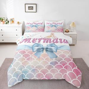 Erosebridal Комплект постельного белья Girls Cute Mermaid с градиентной радужной расцветкой и голубыми бантами, Pink Blue White