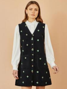 Вышитое цветочное кордюровое платье-сарафан Yumi, Black