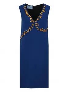 Платье с V-образным вырезом и кристаллами Prada, синий