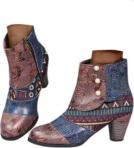 Женские западные ботинки на щиколотку с винтажным этническим бохо-принтом, цветные ботильоны с массивным каблуком, короткие модные кожаные ботинки с заостренным носком, для осени и зимы, стильные ковбойские трендовые прогулочные туфли Generic, Brown
