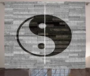 Шторы ABAKUHAUS Ying Yang Rustic в деревенском стиле, в современном деревенском стиле, универсальные ленточные шторы для гостиной с петлями и крючками, 280 x 175 см, черно-серый Abakuhaus