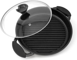 Круглая сковорода-гриль Joejis из литого алюминия. Литая алюминиевая сковорода диаметром 27 см. Индукционная индукционная сковорода для приготовления пищи. Черная большая литая алюминиевая сковорода с крышкой JOEJI’S KITCHEN