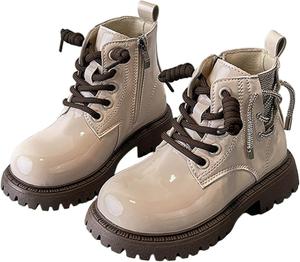 Детские блестящие ботильоны для девочек с шнуровкой, водонепроницаемые боевые туфли из искусственной кожи с короткой подошвой и боковой молнией для детей 3-10 лет Generic, Beige