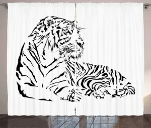 Штора ABAKUHAUS "Белый тигр" в деревенском стиле, с изображением сидящего животного из Сафари, присборенная штора для спальни с петлями и крючками, 280 x 245 см, черно-белая Abakuhaus