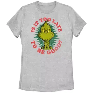 Футболка с графическим принтом «Доктор Сьюз» для подростков: «Слишком поздно быть хорошим?» Grinch, серый