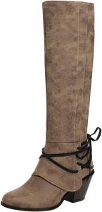 Женские сапоги до колена - винтажные с заостренным носком, ремешками, шнуровкой, массивным каблуком, высокие сапоги на зиму, теплые, однотонные, на высоком каблуке, кожаные, для верховой езды, повседневная обувь Oiangi, Khaki