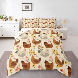Erosebridal Комплект постельного белья Floral Chicken King с деревенским принтом кур и диких цветов, дышащий материал, Brown Beige