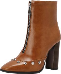 Женские ботильоны с квадратным носком и молнией спереди, на массивном каблуке XIEPP, Brown