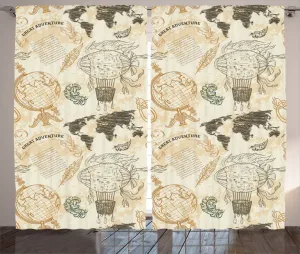 Штора ABAKUHAUS "Карта мира" в деревенском стиле, винтажный шнур в виде глобуса, присборенная тесьма для спальни с петлями и крючками, 280 x 245 см, бежево-оливково-зеленый цвет Abakuhaus