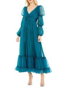 Платье миди А-силуэта из шифона с рюшами Mac Duggal, цвет Teal