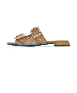 Мюли из рафии и телячьей кожи с пряжками, украшенными драгоценными камнями, тыквенного цвета. Loriblu, оранжевый