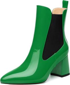 Женские ботильоны с высоким массивным каблуком, заостренным носком, из лакированной кожи, элегантные классические модные короткие ботинки на осень-зиму, каблук 2,5 дюйма DEMOSHINE, Green