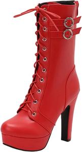 Сексуальные ботильоны на высоком каблуке с платформой для женщин, модные готические ботинки до щиколотки с круглым носком и толстыми каблуками на шнуровке Generic, Red