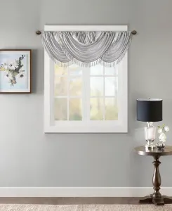 Украшенный водопадом ламбрекен из искусственного шелка «Елена» для спальни и кухни, подкладка и карманы для одежды/задние петли для окон гостиной, ширина 46 дюймов, длина 38 дюймов, серебристая штора с ламбрекеном Madison Park, silver