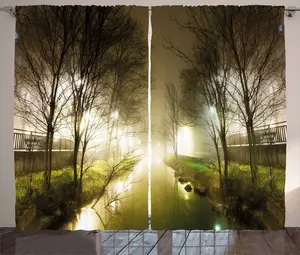 Штора ABAKUHAUS Лесная деревня, Водный канал, туманный город, универсальная ленточная штора для гостиной с петлями и крючками, 280 x 175 см, цвет: белый, зеленый, коричневый Abakuhaus