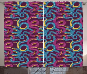 Штора ABAKUHAUS в деревенском стиле с изображением животных, нарисованных вручную, змей, для спальни, присборенная, с петлями и крючками, 280 x 245 см, цвет сливово-синий и желтый Abakuhaus