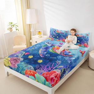 Erosebridal Фиттед простыня с морскими черепахами и подводным миром для детей, глубокий карман, Multi 11