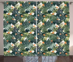 Шторы ABAKUHAUS Green Rustic, Гавайская тропическая флора, универсальные ленточные шторы для гостиной с петлями и крючками, 280 x 175 см, цвет: темно-зеленый, сине-оранжевый Abakuhaus