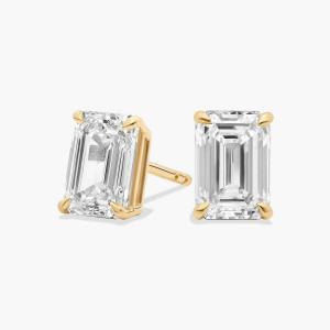 Серьги-гвоздики с выращенными в лаборатории бриллиантами изумрудной огранки из желтого золота 14 карат (2 карата Tw. - FG / VS2-SI1) Blue Nile