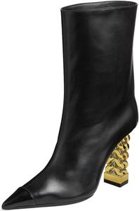 Женские модные ботильоны FYS с закрытым заостренным носком, комбинированные, с пряжкой на лодыжке, золотой цепочкой, на устойчивом каблуке, средние по голени, на осень, размер 4-16 US