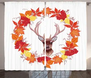 Штора ABAKUHAUS "Олень в деревенском стиле", венок из осенних листьев, присборенная штора из тесьмы для спальни с петлями и крючками, 280 x 225 см, цвет: оранжево-коричневый Abakuhaus
