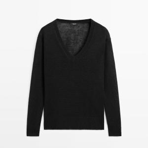 Вязанный свитер Massimo Dutti Linen V-Neck, Black
