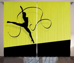 Штора ABAKUHAUS "Гимнастика в деревенском стиле", "Женщина с лентой", универсальная, для гостиной, с петлями и крючками, 280 x 175 см, черно-желто-зеленая Abakuhaus