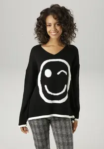 Вязаный свитер Aniston CASUAL, с вязаным смайликом - НОВАЯ КОЛЛЕКЦИЯ, черный
