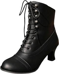 Туфли для женщин с круглым носком, на шнуровке, с низким каблуком, ренессансные ботильоны, обувь в стиле 70-х, ботинки ведьмы, стимпанк-ботинки Generic, A01-Black