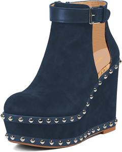 Женские закрытые ботильоны с круглым носком, заклепками, вырезами, на голенище с пряжкой, боковой молнией, с платформой и клиновидным высоким каблуком, для вечеринок и повседневной носки, размеры US 4-16 Wansseny, Deep Blue