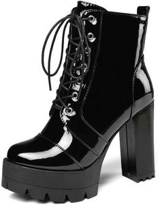 JMdfcqer Женские черные ботильоны на платформе из лакированной кожи с модным массивным каблуком, протекторной подошвой, шнуровкой и высоким каблуком