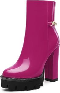 Женские ботильоны с высокой массивной платформой и круглым носком, короткие ботинки на каблуке с цепочкой на щиколотке 4,7 дюйма, обувь для работы, улицы и банкета. CDXJHYMY, Magenta Patent